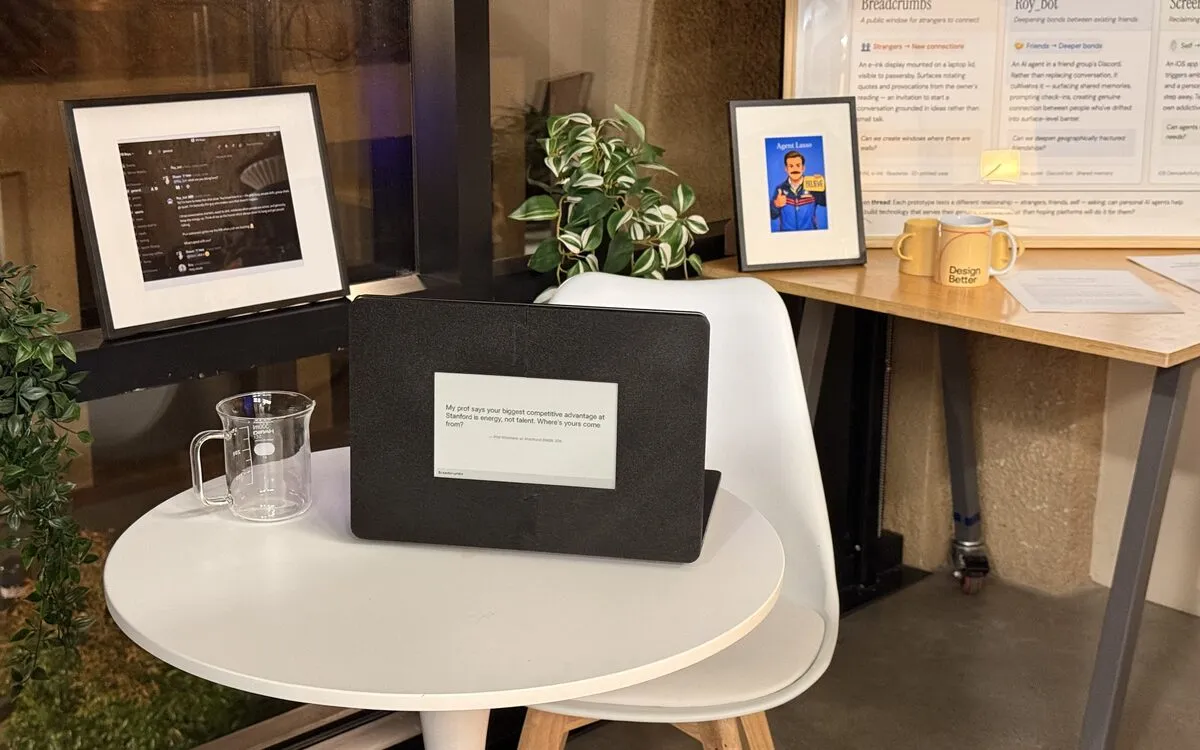 Breadcrumbs, an e-ink agent prototype, on a desk