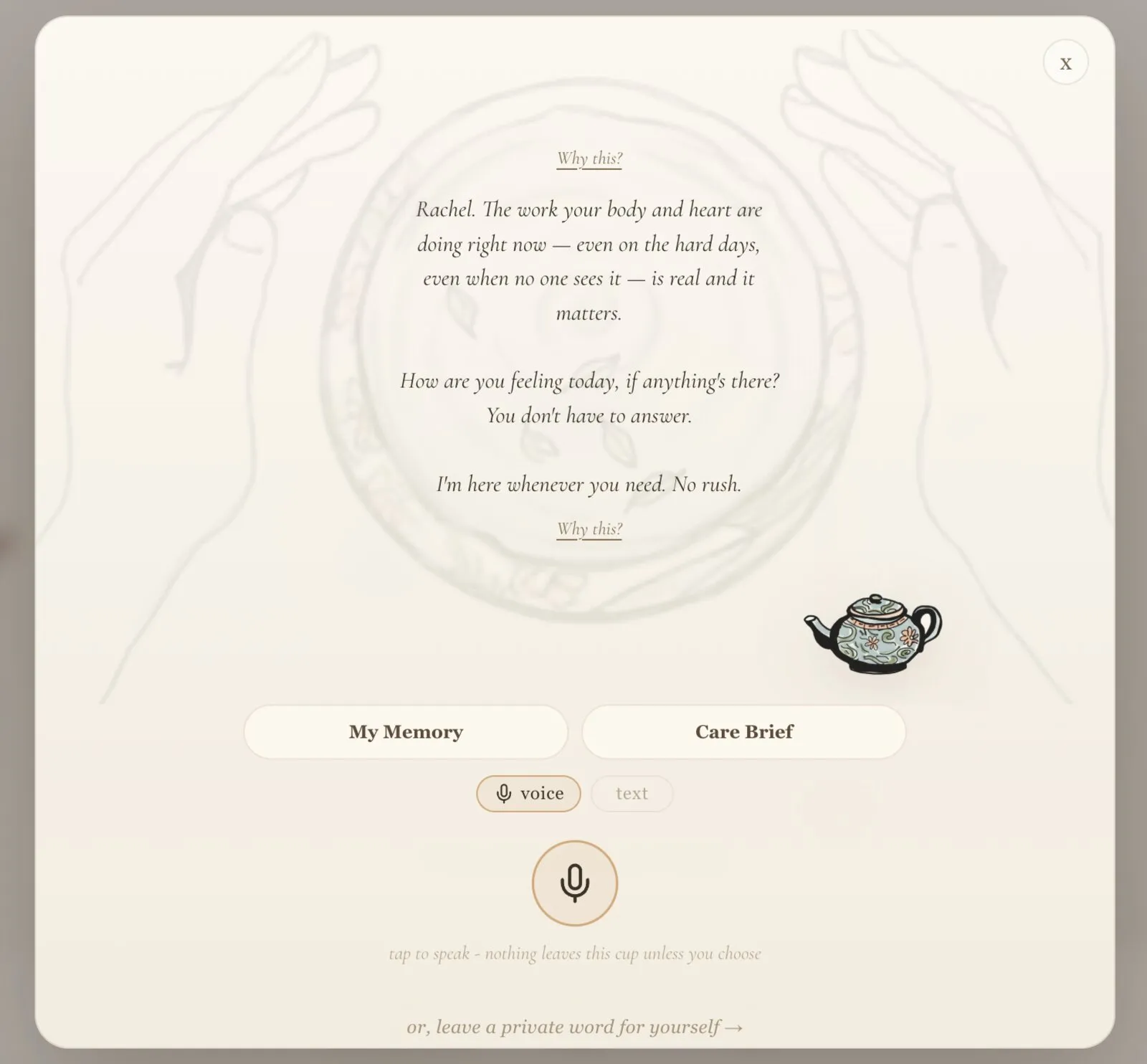 The AI Careling companion checking in on a mother, with My Memory and Care Brief tabs