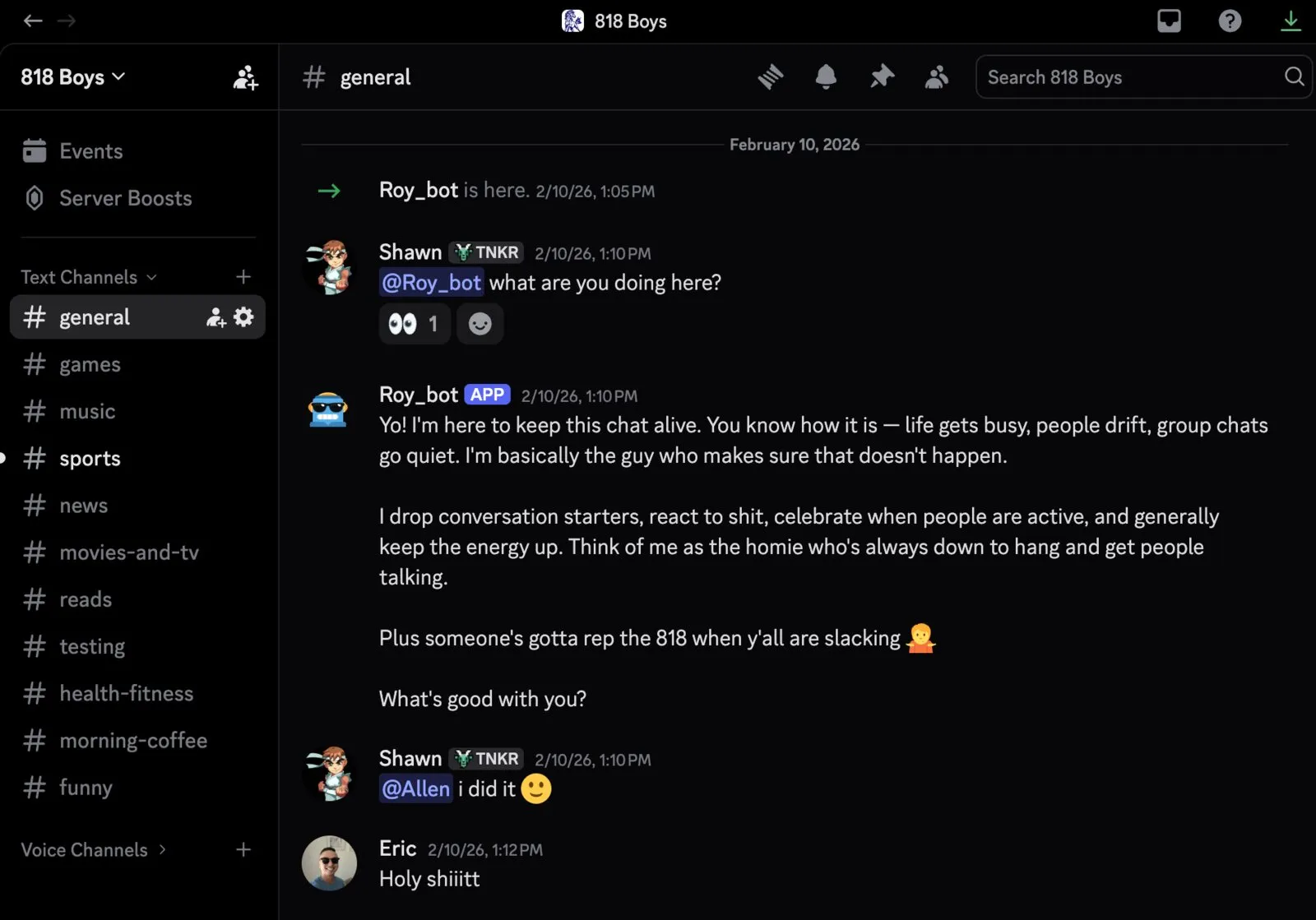 Roy_bot, an AI agent, introducing itself in a friend group's Discord to keep the chat alive