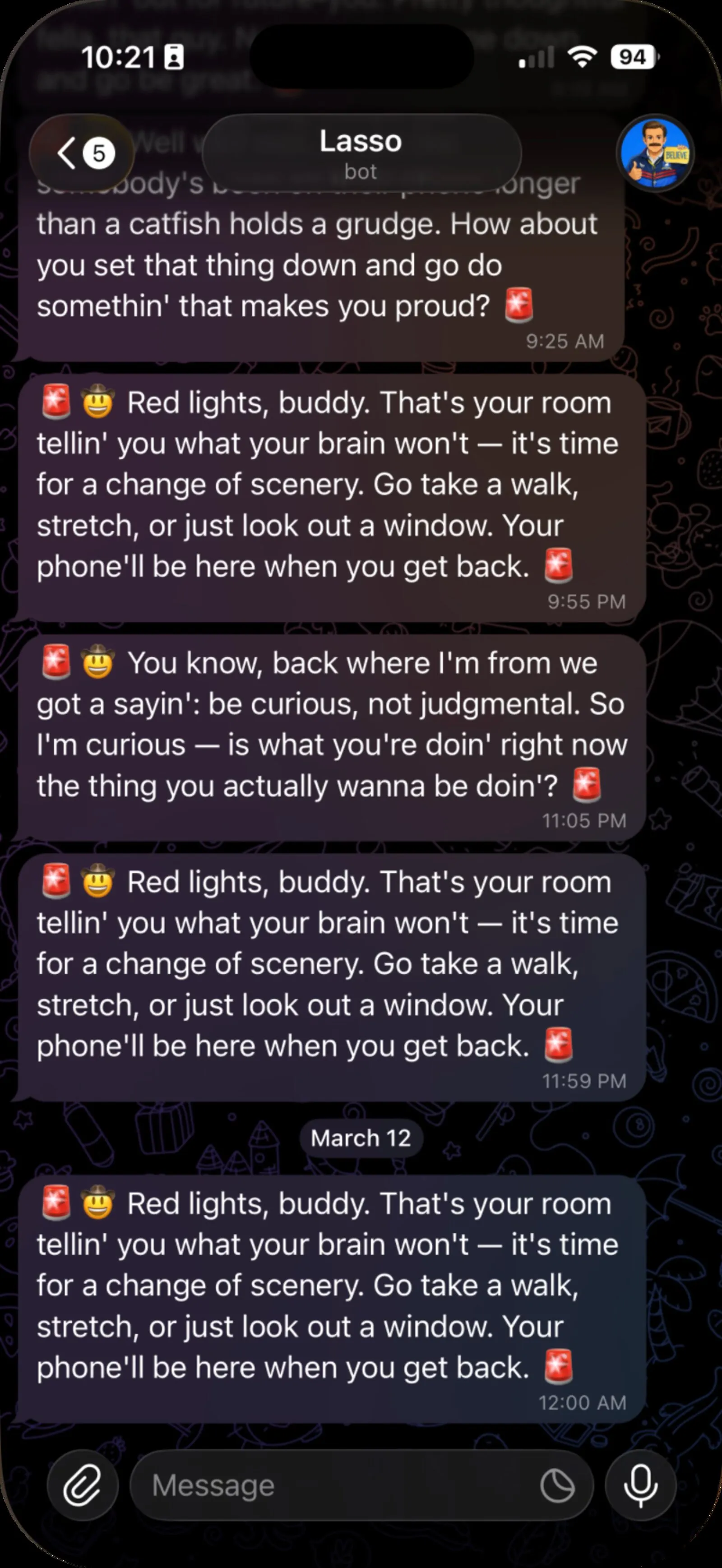 Lasso, an AI coach, sending warm iMessages nudging the user off their phone toward a walk