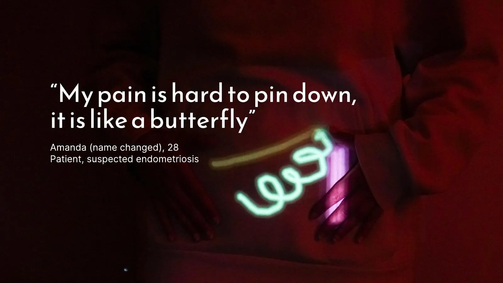 A patient's glowing pain drawing on a dark canvas