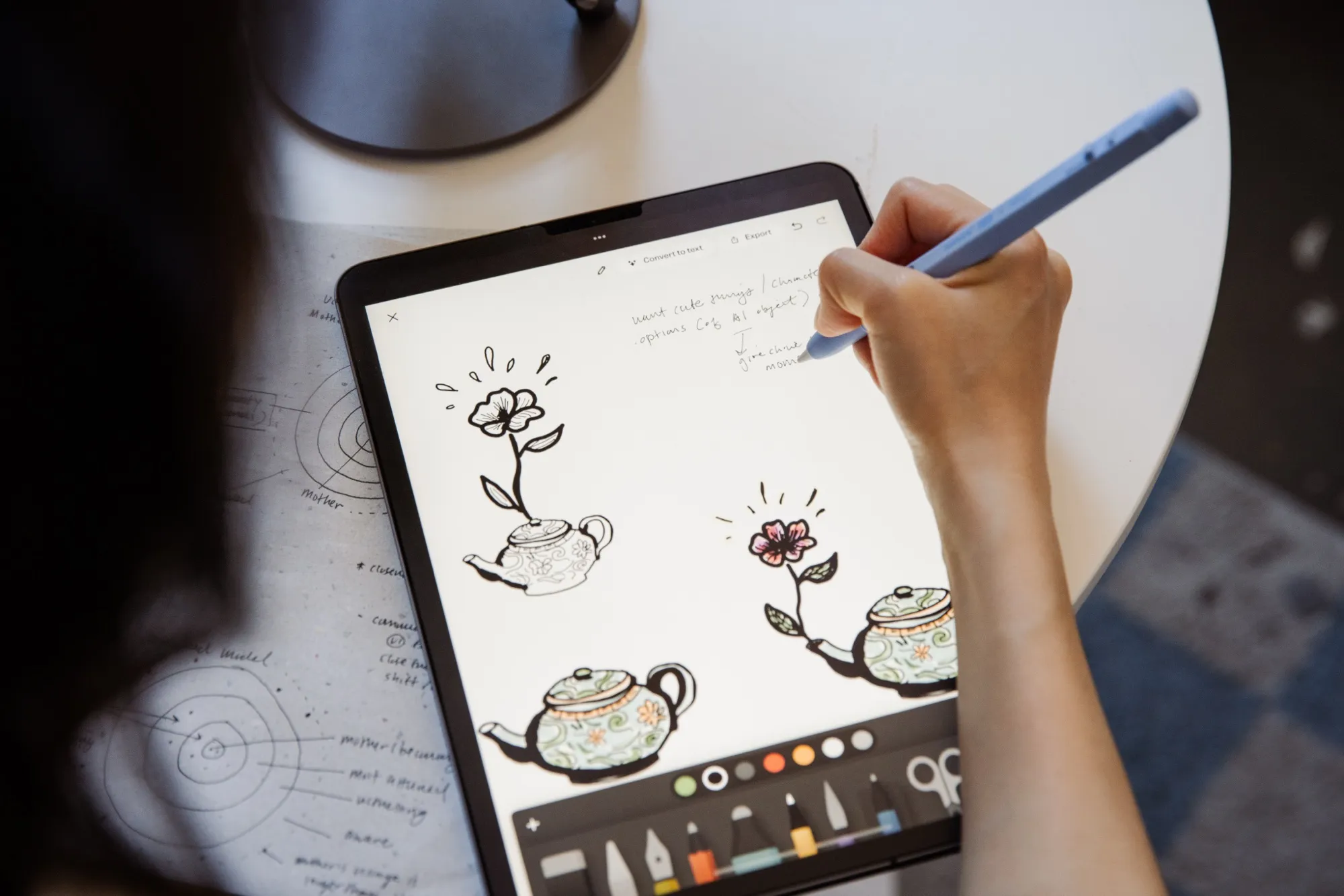Sketching Pumbit's gestures of care by hand on an iPad