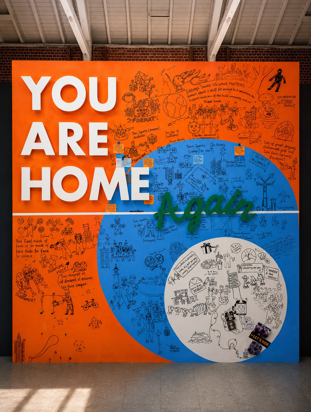 The Dabble collective's hand-drawn manifesto wall — an orange and blue field of nested circles reading You Are Home, Again
